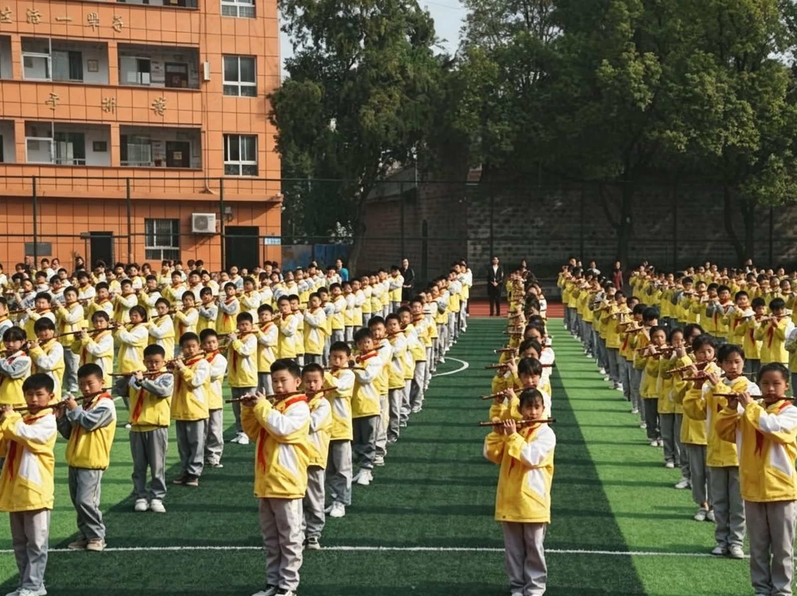 校园学生集体学习演奏箫笛